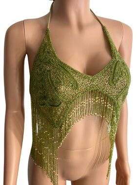 Beaded Halter Crop Top with Fringe – Green Gold